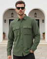 Shop Men's Olive Green Textured Shirt-Front
