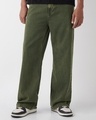 Shop Men's Olive Green Wide Leg Acid Wash Jeans-Front