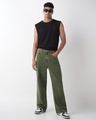 Shop Men's Olive Green Wide Leg Acid Wash Jeans-Full