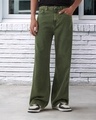 Shop Men's Olive Green Super Baggy Fit Acid Wash Mid-Rise Jeans-Front