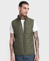 Shop Men's Olive Sleeveless Puffer Jacket-Front