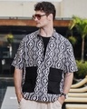 Shop Men's Onyx Black & Cream White All Over Printed Oversized Shirt-Front