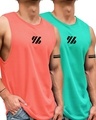 Shop Pack of 2 Men's Orange & Green Graphic Printed Slim Fit Vest-Front