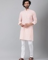 Shop Men's Orange Striped Kurta with White Pyjama Set-Front