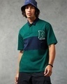 Shop Men's Green & Blue B League Color Block Oversized Polo T-shirt-Front