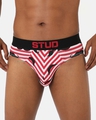 Shop Men's Red & White All Over Mustache Printed Striped Cotton Briefs-Front