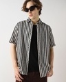 Shop Men's Black & Off White Striped Oversized Shirt-Front