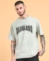 Shop Men's Sage Green Typography Oversized Acid Wash T-shirt-Front