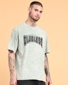 Shop Men's Sage Green Typography Oversized Acid Wash T-shirt-Full