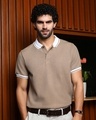 Shop Men's Sand Beige Textured Polo T-shirt-Front