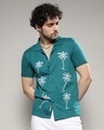 Shop Men's Teal Blue Palm Tree Embroidered Shirt-Front