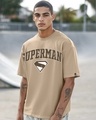 Shop Men's Warm Taupe Brown Superman Varsity Graphic Printed Oversized T-shirt-Front
