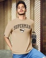Shop Men's Warm Taupe Brown Superman Varsity Graphic Printed Oversized T-shirt-Front