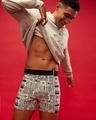 Shop Men's White All Over Newspaper Printed Knit Boxers-Front