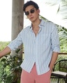Shop Men's White & Blue Striped Linen Shirt-Front