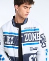Shop Men's White & Light Navy Blue Typography Oversized Bomber Jacket