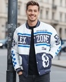 Shop Men's White & Light Navy Blue Typography Oversized Bomber Jacket-Front