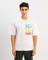 Shop Men's White Sea Sun Sand Typography Oversized T-shirt-Front