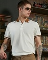 Shop Men's Cream White Textured Polo T-shirt-Front
