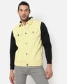 Shop Men's Yellow and Black Color Block Denim Hooded Jacket-Front