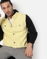 Shop Men's Yellow and Black Color Block Denim Hooded Jacket