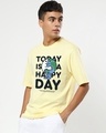 Shop Men's Yellow Happy Earth Typography Oversized T-shirt-Front