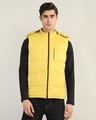 Shop Men's Yellow Sleeveless Hooded  Puffer Jacket-Front