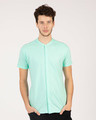 Shop Mint Green Mandarin Collar Pique Shirt-Front