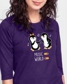 Shop Musical Penguins Round Neck 3/4 Sleeve T-Shirt Parachute Purple-Front