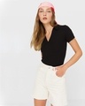 Shop Black Solid Ribbed Collar Crop Tee-Front