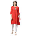 Shop Women's Red Cotton Solid 3/4 Sleeve Round Neck Casual Kurta-Front