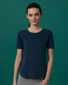Shop Navy Blue Basic Round Hem T-Shirt-Front