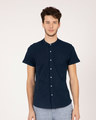 Shop Navy Blue Mandarin Collar Pique Shirt-Front