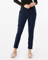 Shop Navy Blue Lightweight Slim Oxford Pants-Front