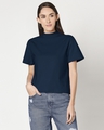 Shop Navy Blue Women Turtle Neck Rib T-Shirt-Front