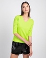 Shop Neon Green 3/4 V Neck T-Shirt-Front