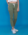 Shop Olive Green Melange Fleece Joggers-Front