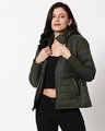 Shop Olive Plain Puffer Jacket with Detachable Hood-Front