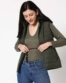 Shop Women's Olive Puffer Jacket With Detachable Hood-Front