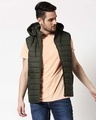 Shop Olive Plain Sleeveless Puffer Jacket with Detachable Hood-Front