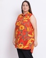 Shop Plus Size  Women Orange Floral Print Polo Shirt-Full