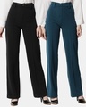 Shop Pack of 2 Women's Black & Green Straight Fit Trousers-Front