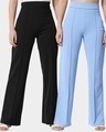 Shop Pack of 2 Women's Black & Blue Straight Fit Trousers-Front