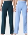 Shop Pack of 2 Women's Green & Blue Straight Fit Trousers-Front
