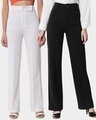 Shop Pack of 2 Women's White & Black Straight Fit Trousers-Front