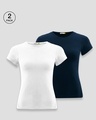 Shop Pack of 2 Women's White & Blue Slim Fit T-shirt-Front