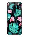 Shop Oneplus 7t Pro Tropical Leaves & Pink Flowers Glass Case-Front