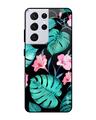 Shop Tropical Leaves & Pink Flowers Glass Case For Samsung Galaxy S21 Ultra