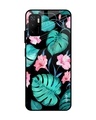 Shop Tropical Leaves & Pink Flowers Glass Case For Poco M3 Pro-Front