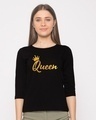 Shop Queen Gold Print Round Neck 3/4th Sleeve T-Shirt-Front